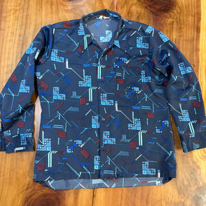 Vintage 70's Sage Shirt Mens Polyester Disco Button L/S Geometric W3-9